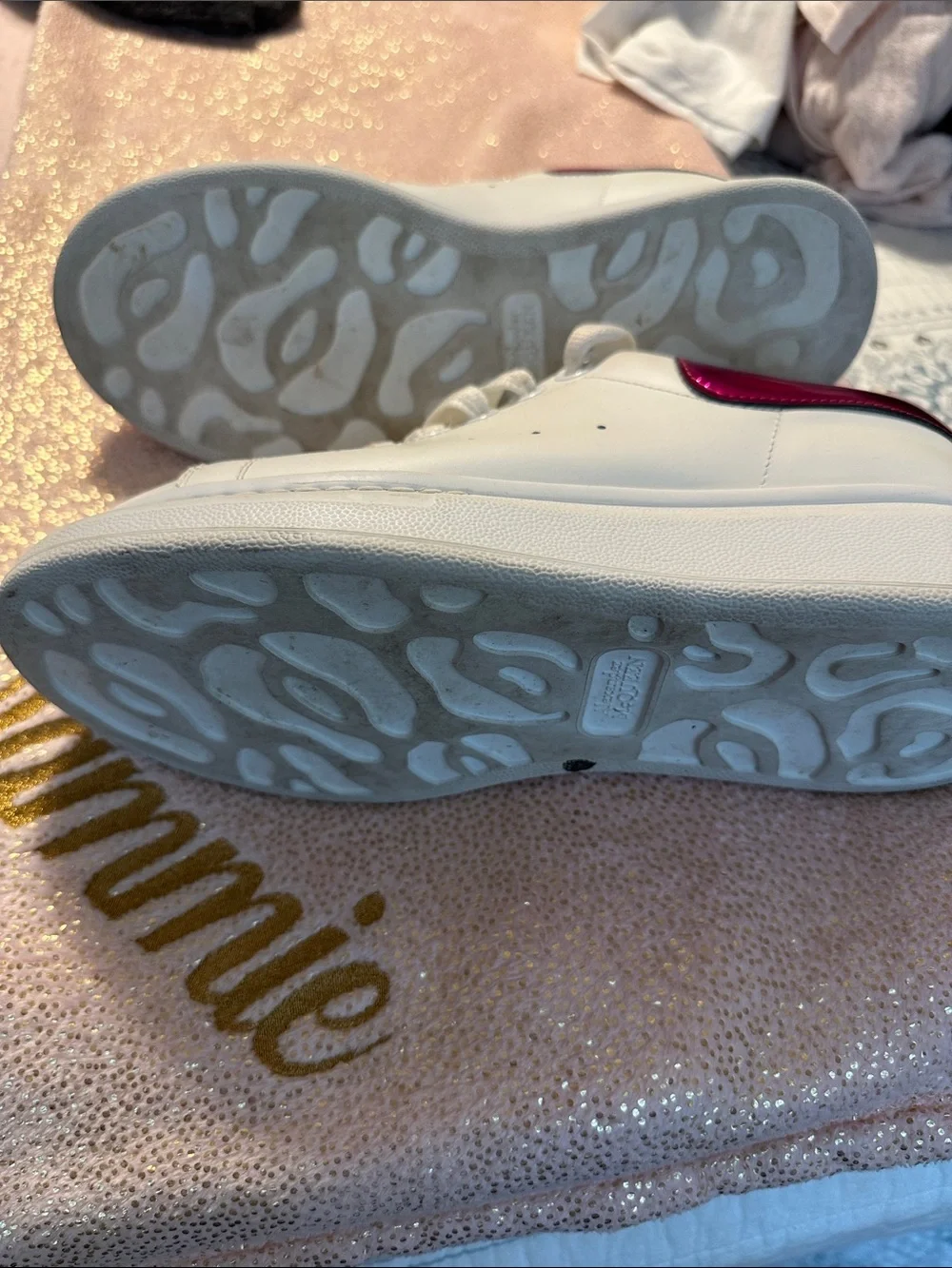 Alexander McQueen Women’s White Leather Sneakers with Pink Heel Tab